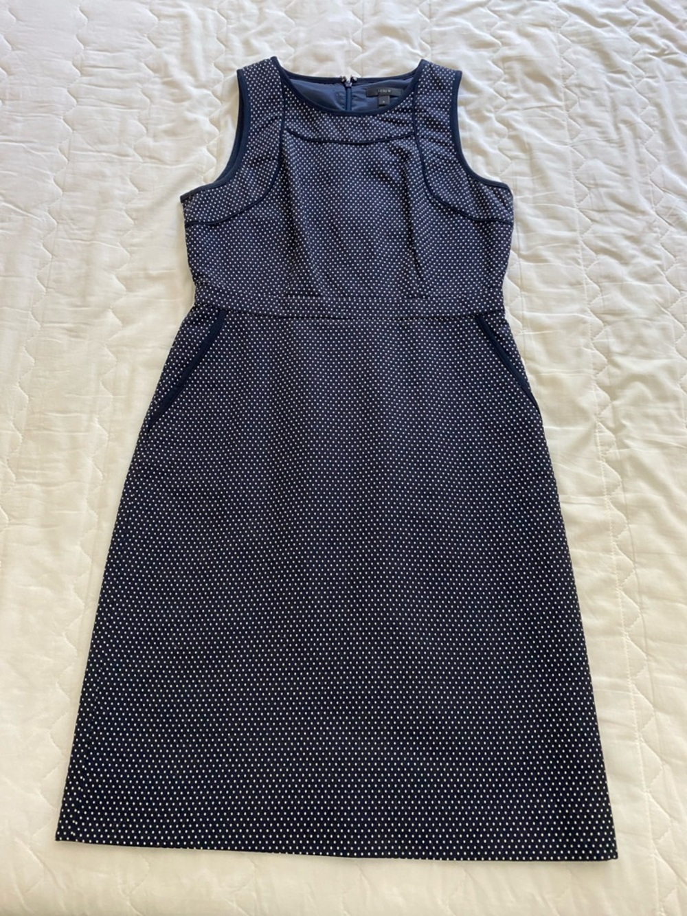 J. Crew Navy and White Polka Dot Midi Sheath Dress
